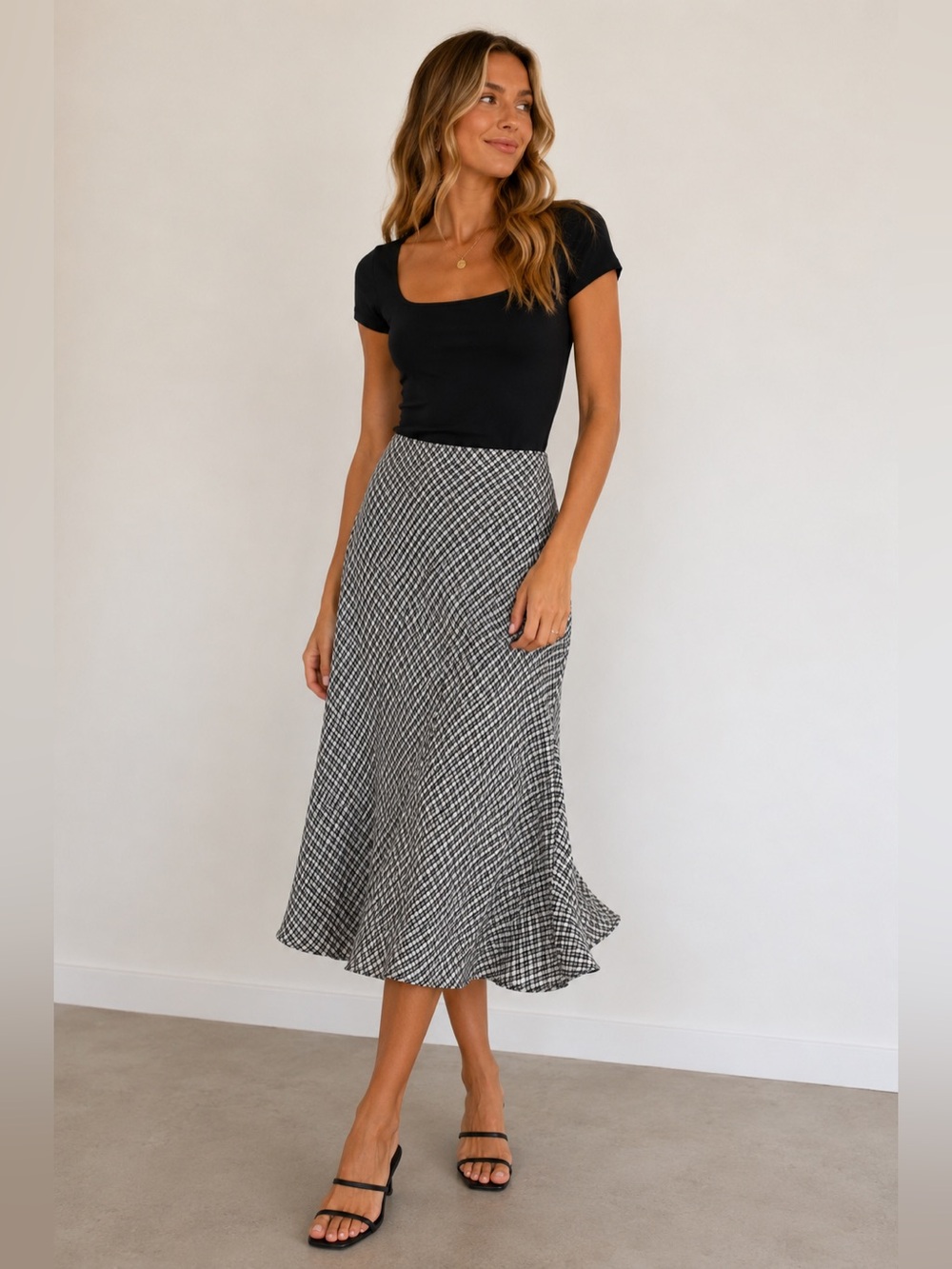 Ann Taylor Black and White Plaid Midi Skirt